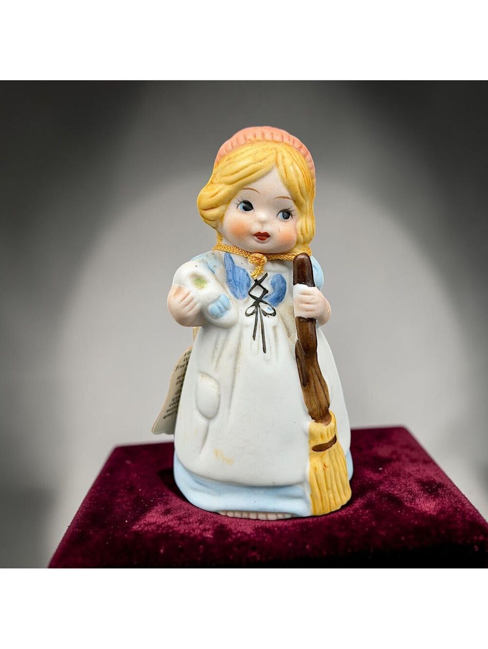 Vintage Jasco Merri-Bells Girl w Broom Bell Figurine Bisque Porcelain 1978 - 4"
